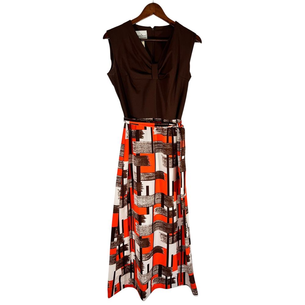 Vintage 70s Maxi Dress Bleeker Street USA Made ILGWU Brown Orange Size 12 - Picture 3 of 11